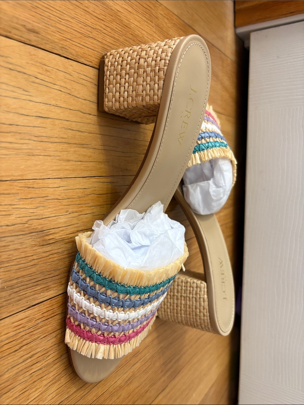 J. Crew Beige Raffia Multicolor Striped Block-Heel Mules - Picture 4 of 4